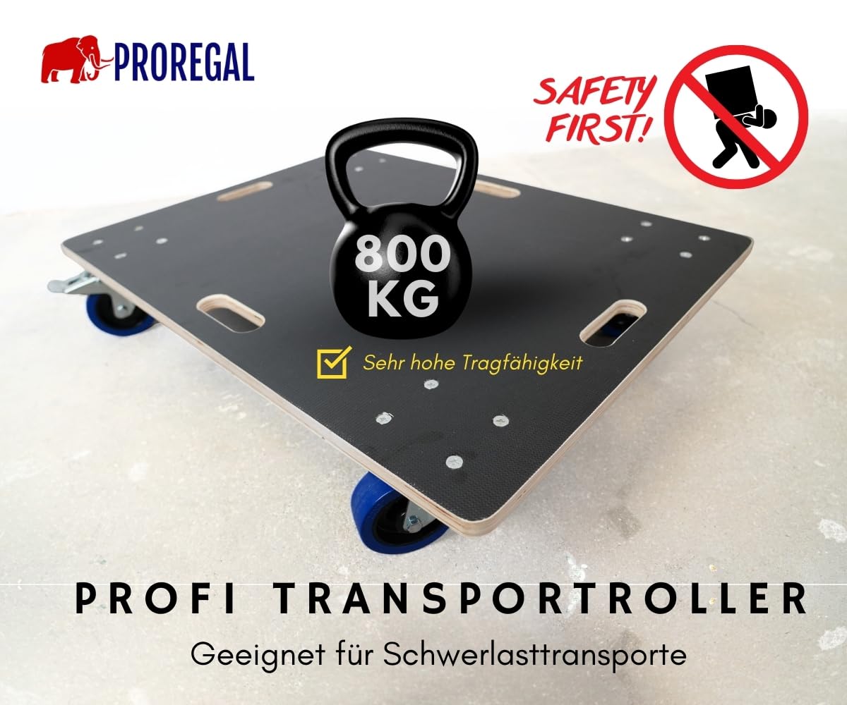 PROREGAL 2er Set Transportroller 800kg 80x60 cm mit 2X Feststellbremse Hercules Schwerlast 4 Gummirollen & Griff, Siebdruckplatte rutschfest, Rollbrett für Möbel Reifen Kisten Möbelroller Werkstatt