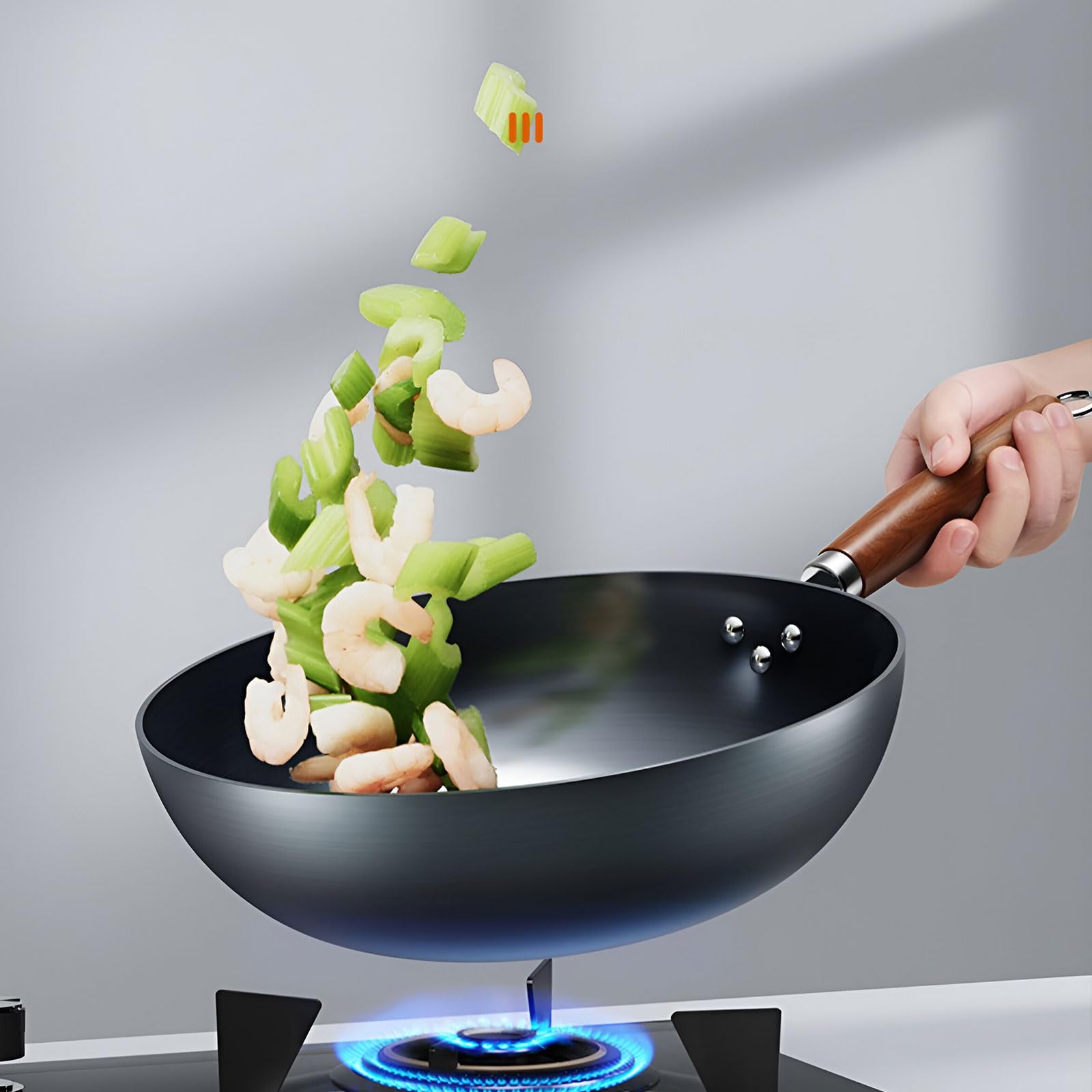 Wok żeliwny, nieprzywierająca patelnia z pokrywką i drewnianym uchwytem, idealna do gotowania indukcyjnego, elektrycznego, gazowego, naczyń kuchennych 32 cm