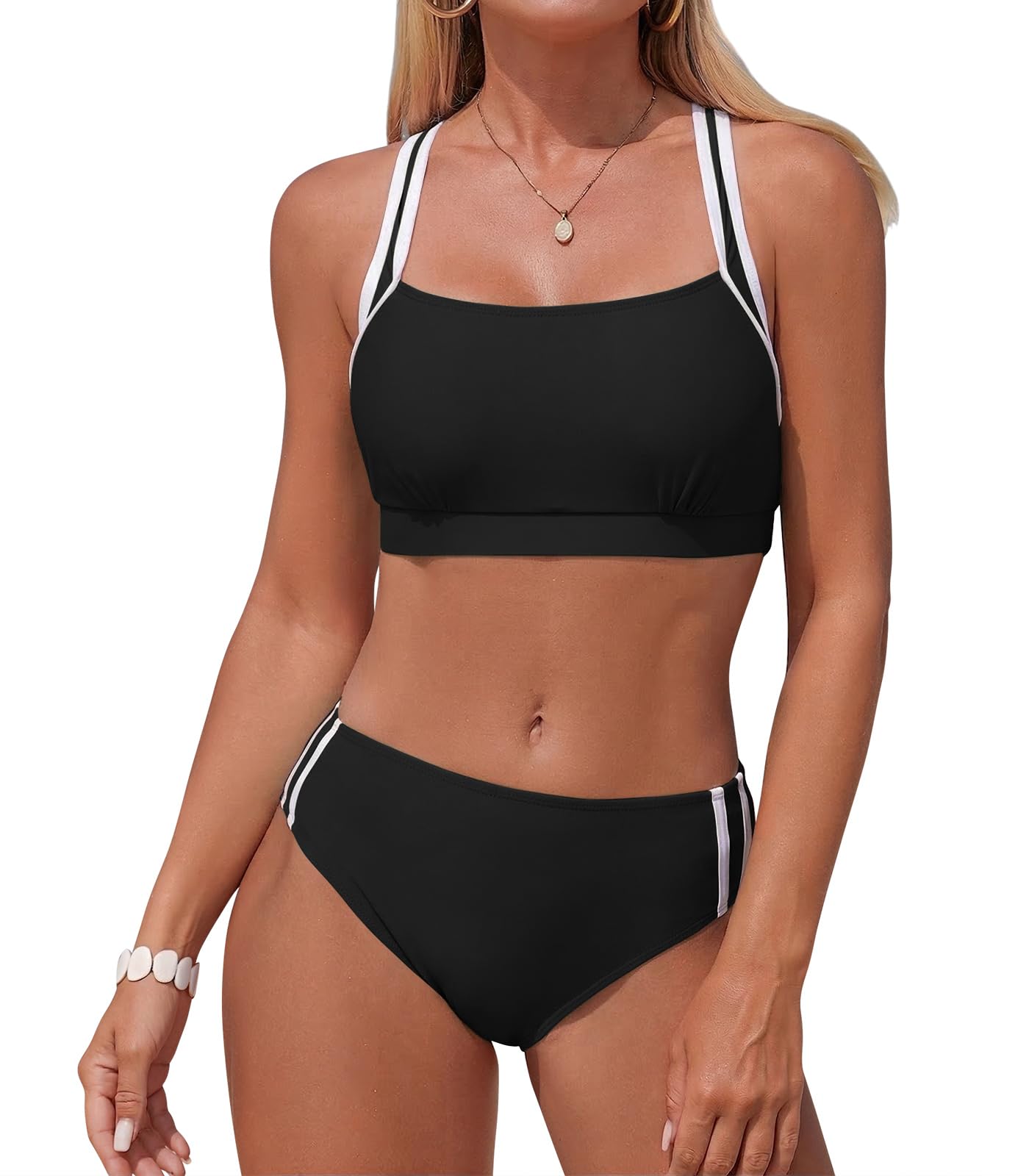 Adigaber Traje de Baño de Dos Piezas para Mujer Cintura Media Unicolor Bañador de Mujer Ropa de Playa Deportiva con Relleno