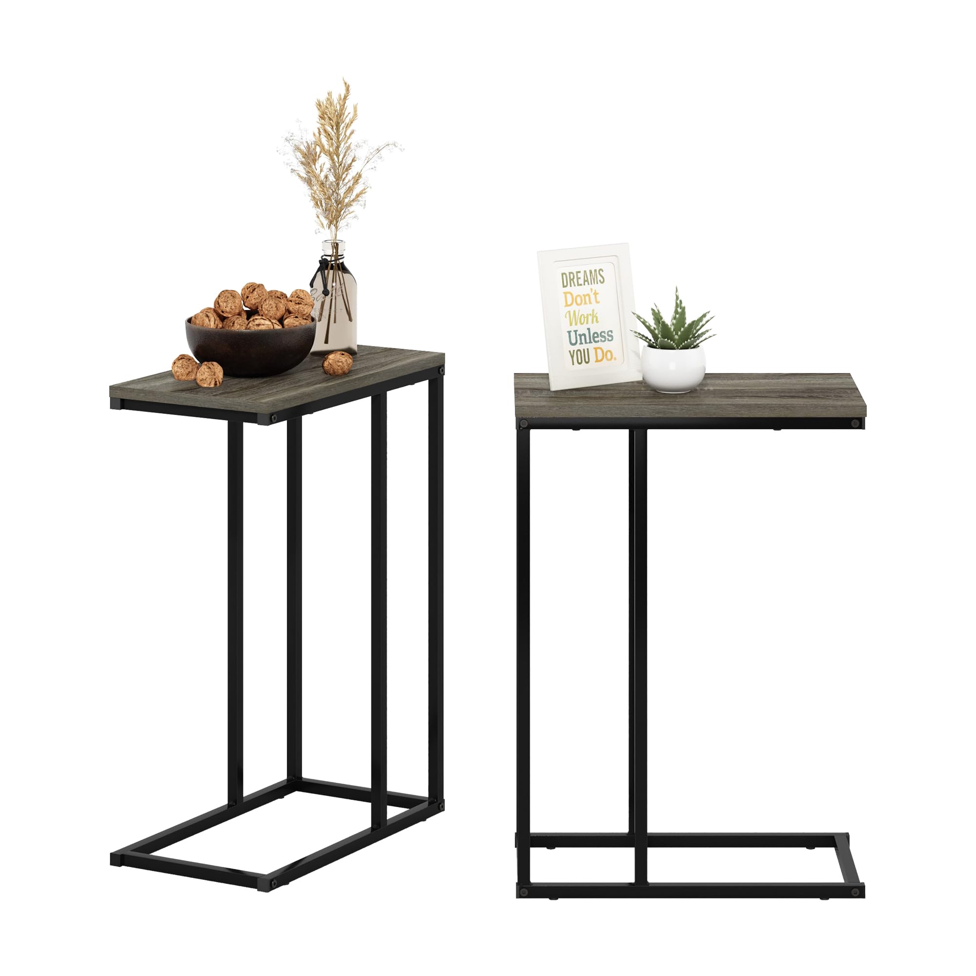 Furinno CAMNUS Juego de 2 mesas auxiliares en Forma de C con Estructura de Metal, mesita de Noche para salón o Dormitorio, Roble francés Gris
