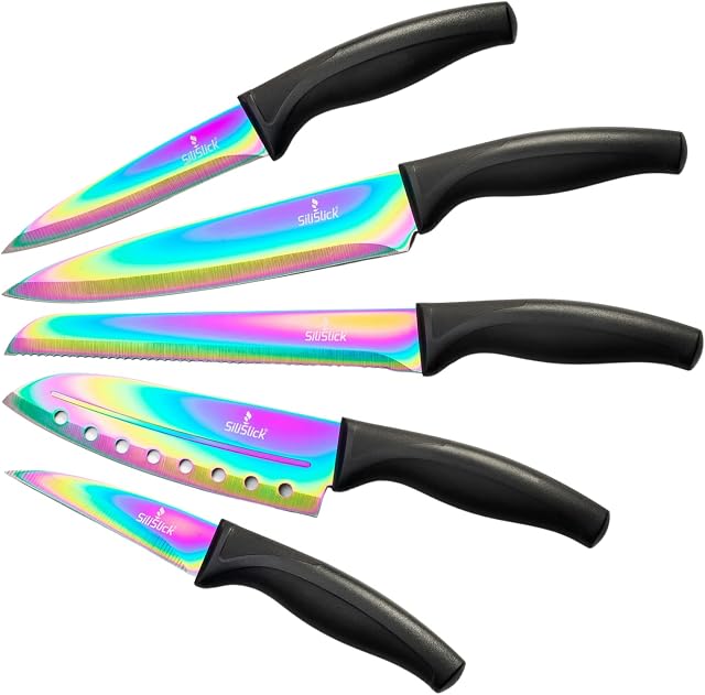 SiliSlick Kitchen Knife Set | 5 Chef Knives | Titanium Coated Iridescent Stainless Steel Rainbow Blades | Chef, Santoku, Bread, Steak and Carving Knife (Black Handle)