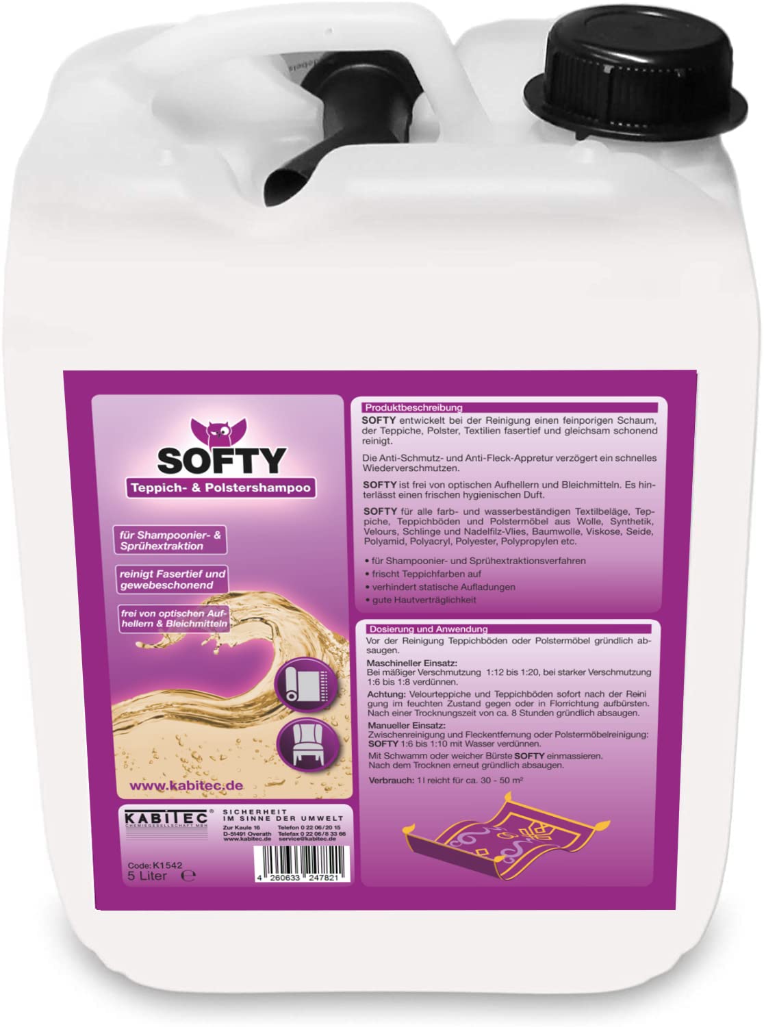 Softy Teppich- und Polstershampoo │ Textilreiniger Teppichpflege Polsterreiniger für maschinellen Einsatz geeignet professionelle Teppichreinigung Teppichreiniger │ 5 Liter Kanister