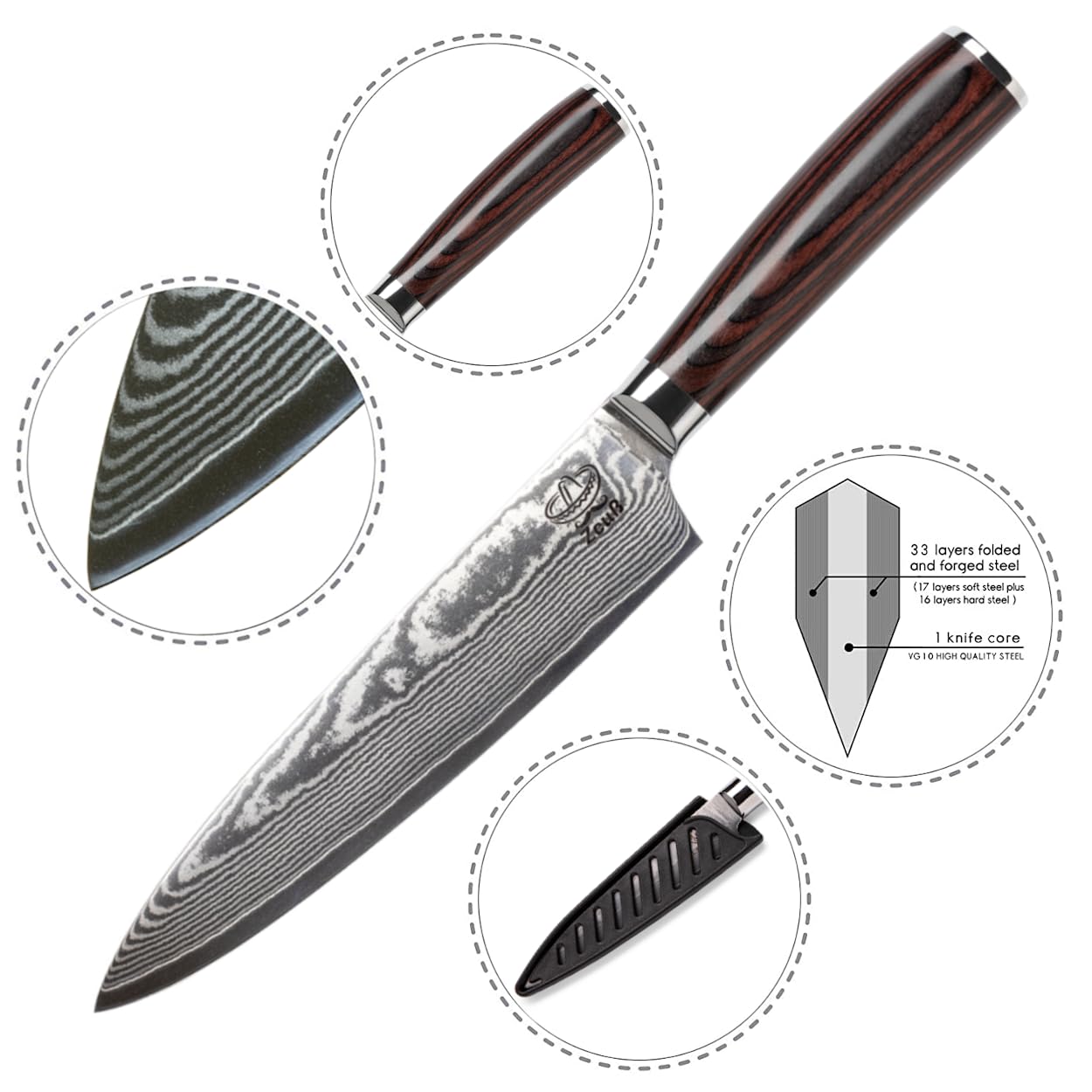 Damastmesser Küchenmesser XL (32cm) TÜV geprüfter 62 HRC Damaststahl aus 67 Lagen I Damast-Küchenmesser Chefmesser Kochmesser mit Schleifstein Holzgriff Geschenkbox und Klingenschutz