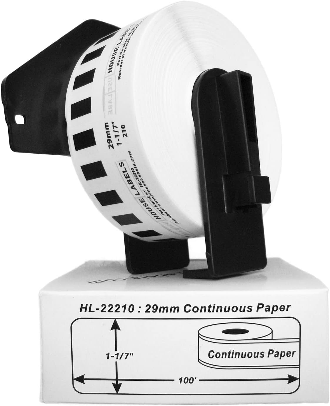 HOUSELABELS Compatible with DK-2210 Replacement Roll for Brother QL Label Printers; Continuous Length Labels; 1-1/7" x 100 feet (29mm*30.48m) with 1 Reusable Cartridge - 10 Rolls