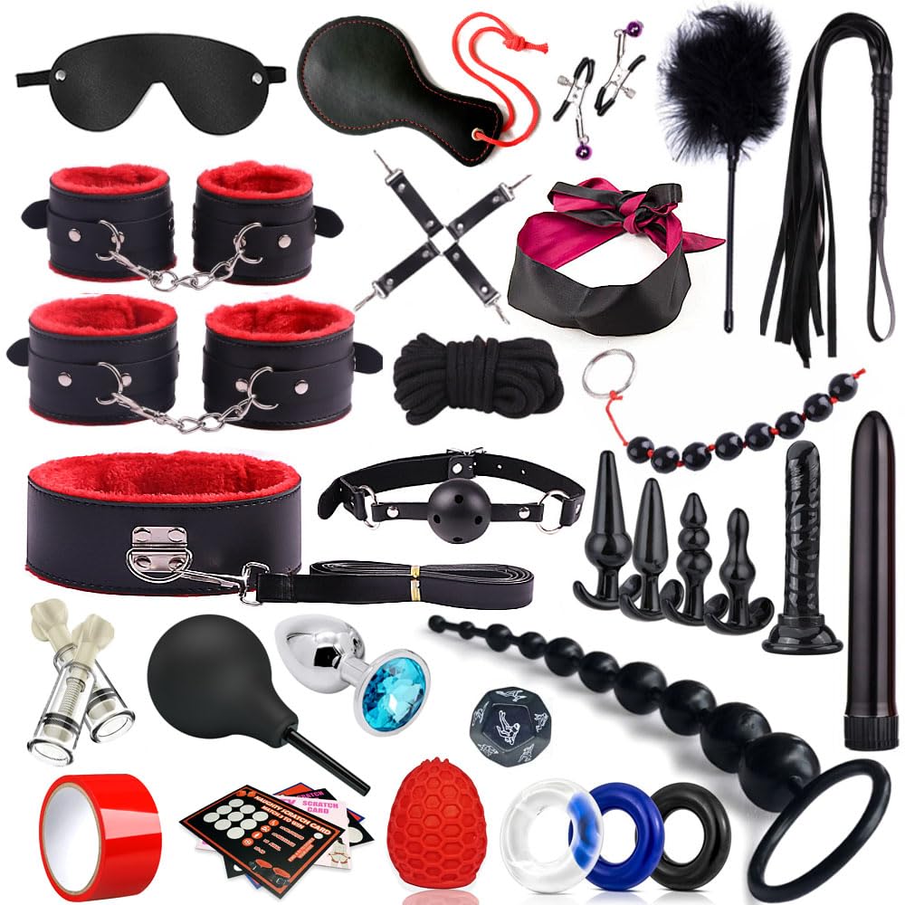 34 Pièces Kits de Bondage, SM Sex Toys Erotiques Set Adultes Toy pour Les Débutants, Érotiques Jouets Sexuels BDSM Anal Plug Menottes Masque Yeux Pour Sextape