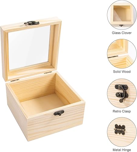 Miniatura 10 de Useekoo 2 cajas pequeñas de madera con tapa, 4.7 x 4.7 x 2 pulgadas, caja de regalo de madera sin terminar con tapa de cristal, pequeña caja de