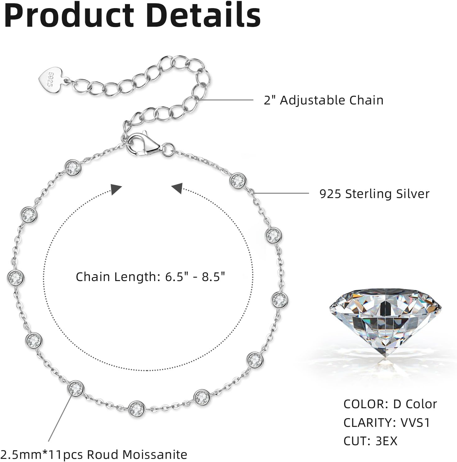 Moissanite Tennis Bracelet, Imitation diamond Bracelets for Women, 925 Sterling Silver Wedding Stacking Paperclip Classic Bracelets, D Color VVS1 Round Cut, GRA Certificate, 6.5+2 inch - Image 6