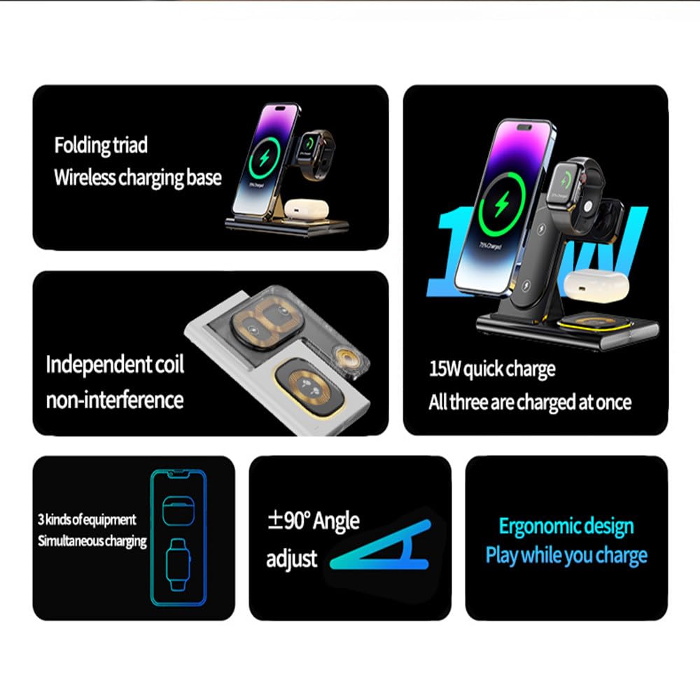 Chargeur magnétique sans fil 3 en 1, peut charger les téléphones mobiles, les écouteurs et les montres en même temps, compatible avec plusieurs appareils (16,5 x 14,1 x 1,9 cm), blanc