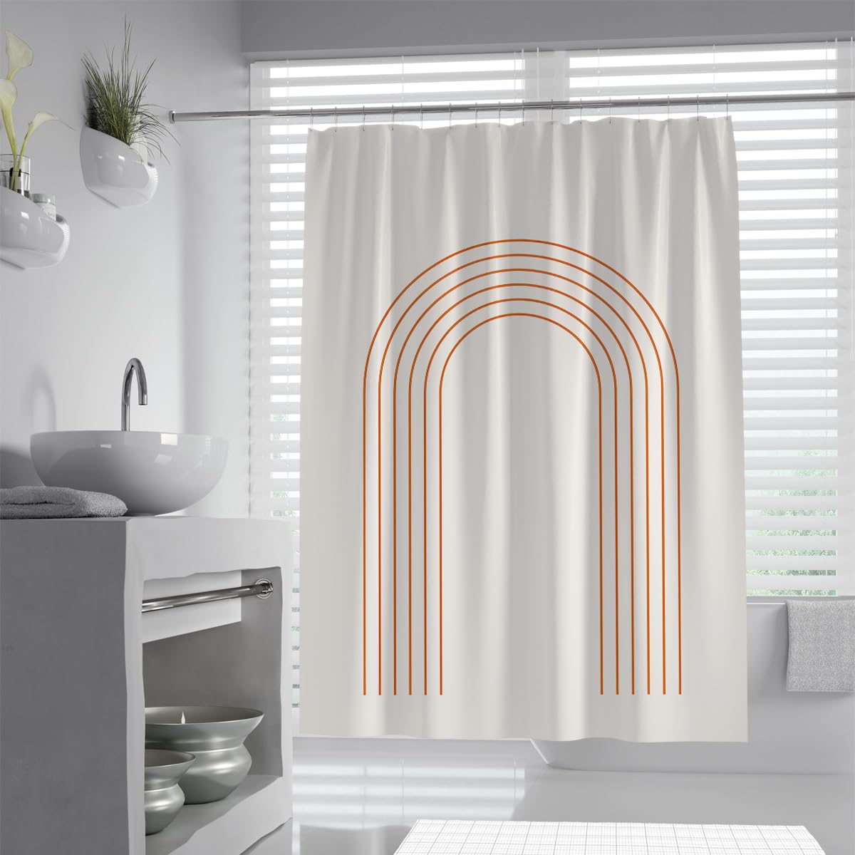 Uiringart Shower Curtains Terracotta Minimalist Rainbow Arch W180xl200cm Modern Abstract Anti Mould Waterproof Bath Tub Curtain Bathroom Decor With Hook