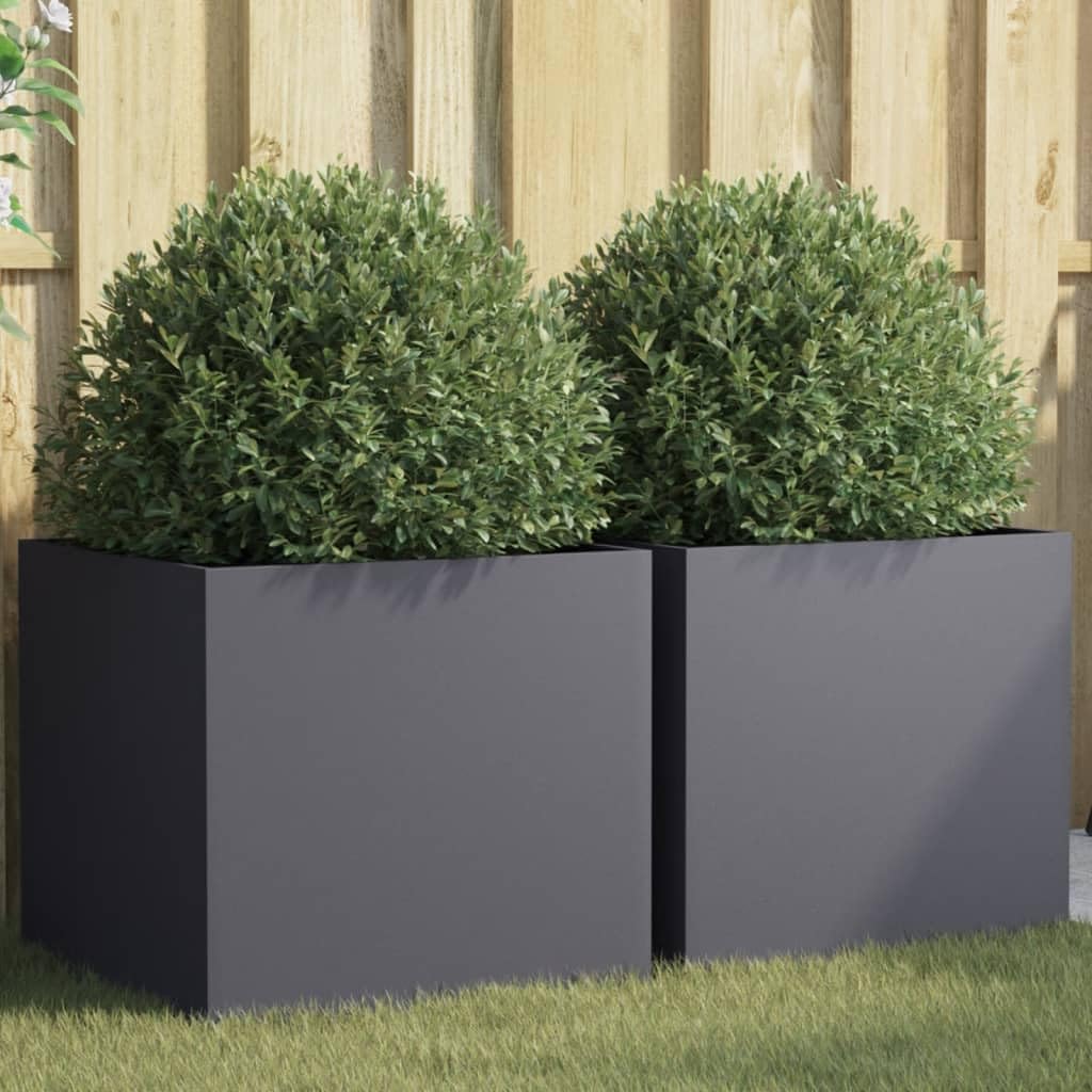 vidaXL Rectangular Planters - 2 Pcs Anthracite Steel Plant Boxes 19.3"x18.5"x18.1" for Garden, Patio Display