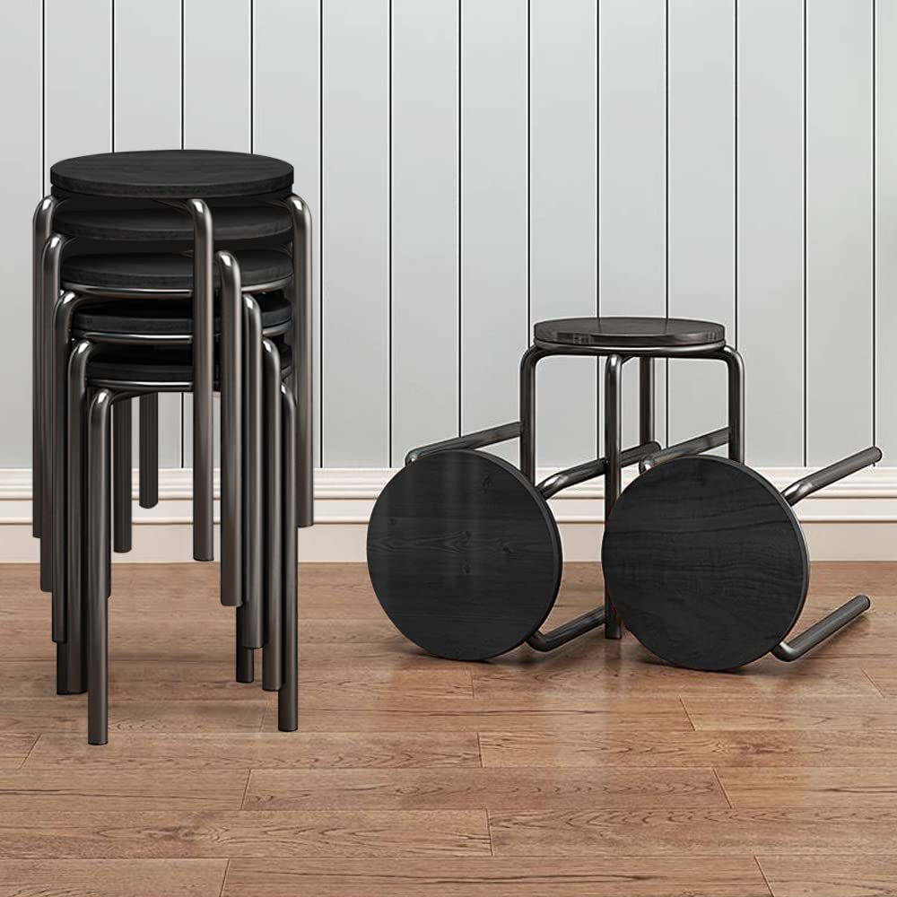 Set di 4 sgabelli impilabili, altezza 45,7 cm, con schienale rotondo, in legno, portatili, impilabili, con struttura in metallo, colore: nero