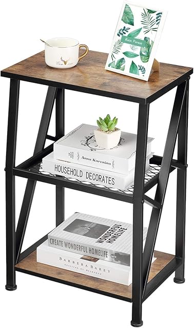 YEAKOO 3 Tier Sofa Side Table Industrial Nightstand End Table with Storage Shelf, X Shape Coffee Snack Table for Books Magazines, Bedside Table Storage Night Stand Easy For Bedroom/Living Room
