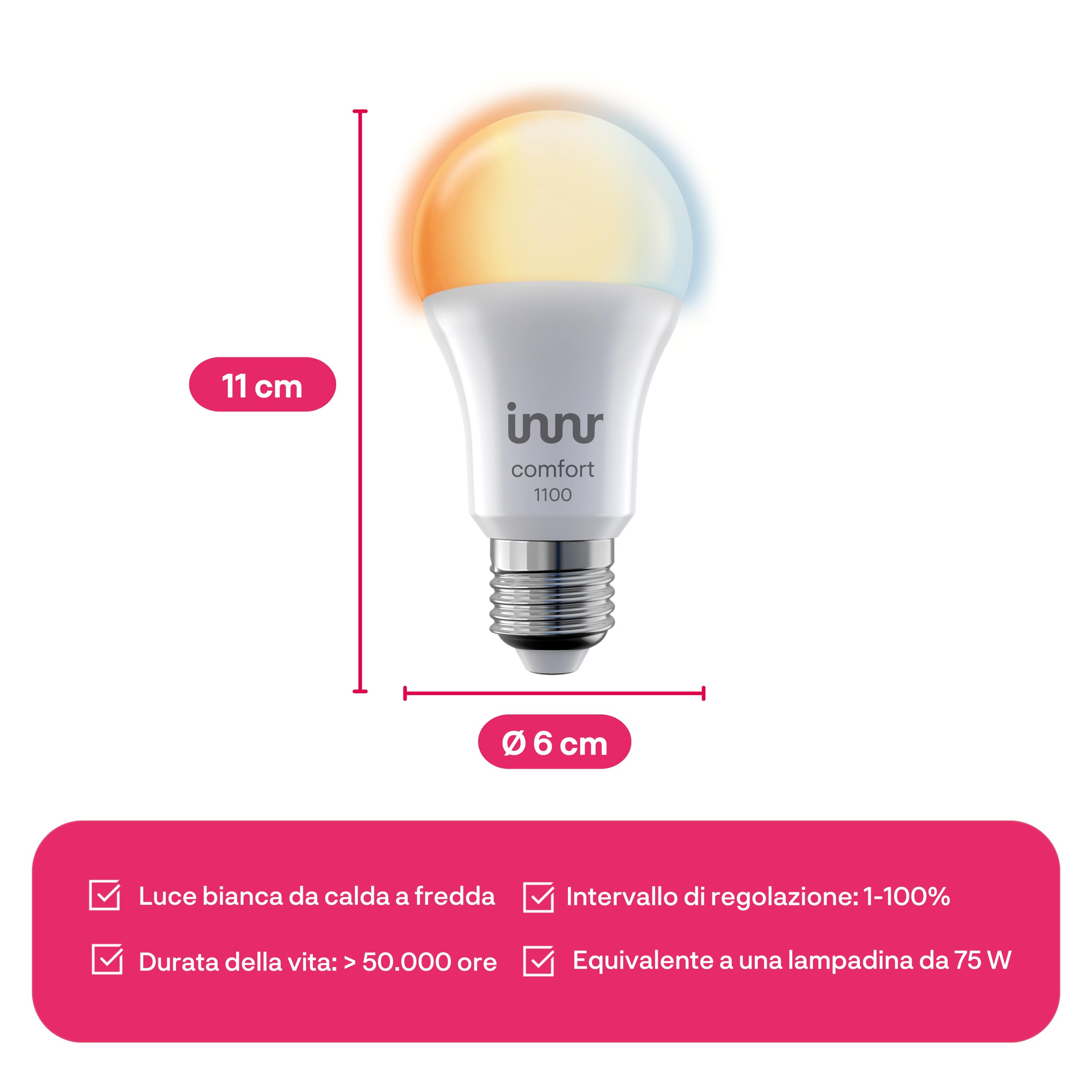 innr Lampadina Smart E27, per Hue* e hub Zigbee, Confezione da 4 | LED, Luce Bianca Calda e Fredda, 2000K-6500K, 50% di Luce in Più, 1150 lumen, Dimmerabili