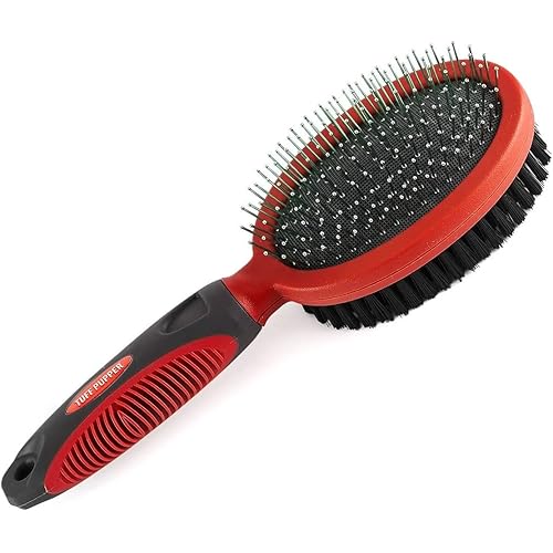 Tuff Pupper Double Sided Dog Brush, Detangling Tool for Dogs and Cats, Pin & Bristle Pet Brush, for and Hair Types, With Comfort-Grip Anti-Slip Handle, Brown, Black, White