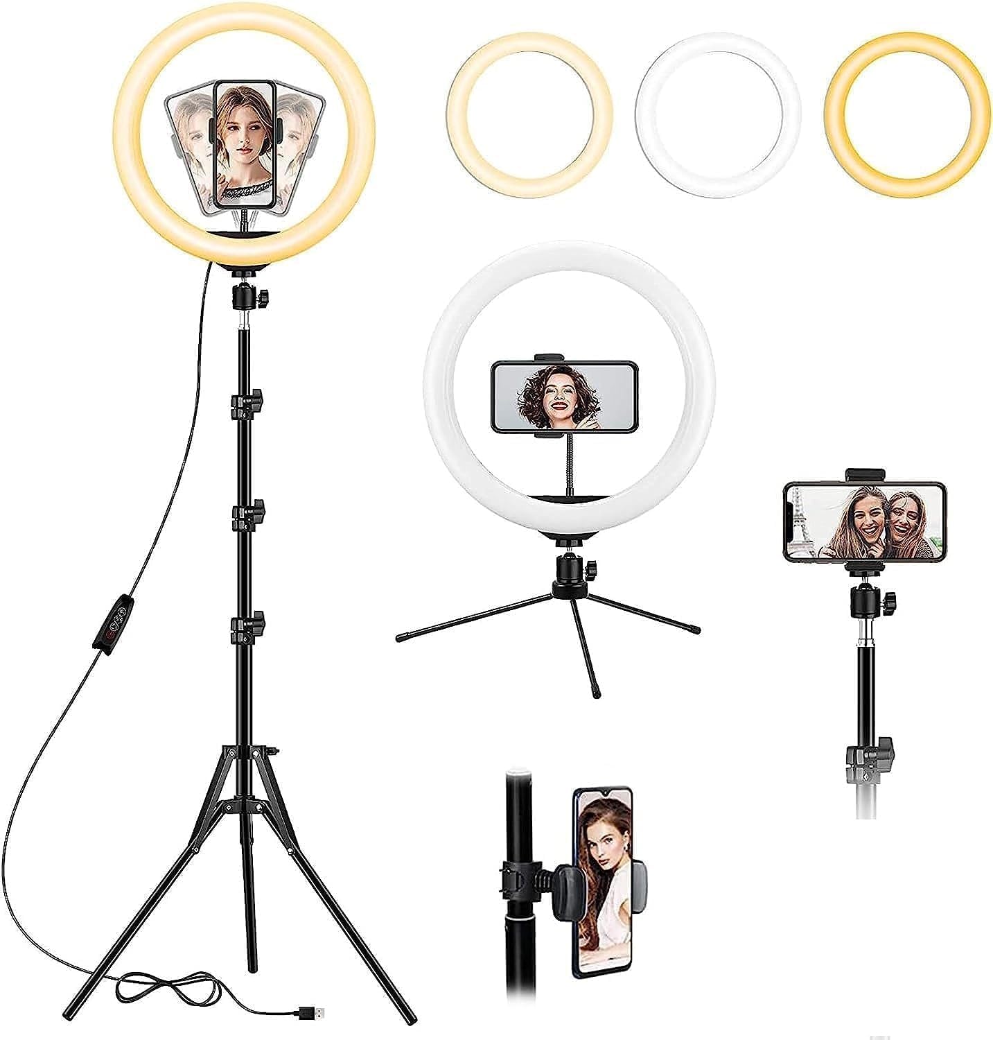LED Ring Light with Tripod Stand, 25.4 cm Desktop Selfie Light, RGB Dimmable with Adjustable Brightness & Colour Modes, Phone Holder for Video Recording, Live Streaming, Photography