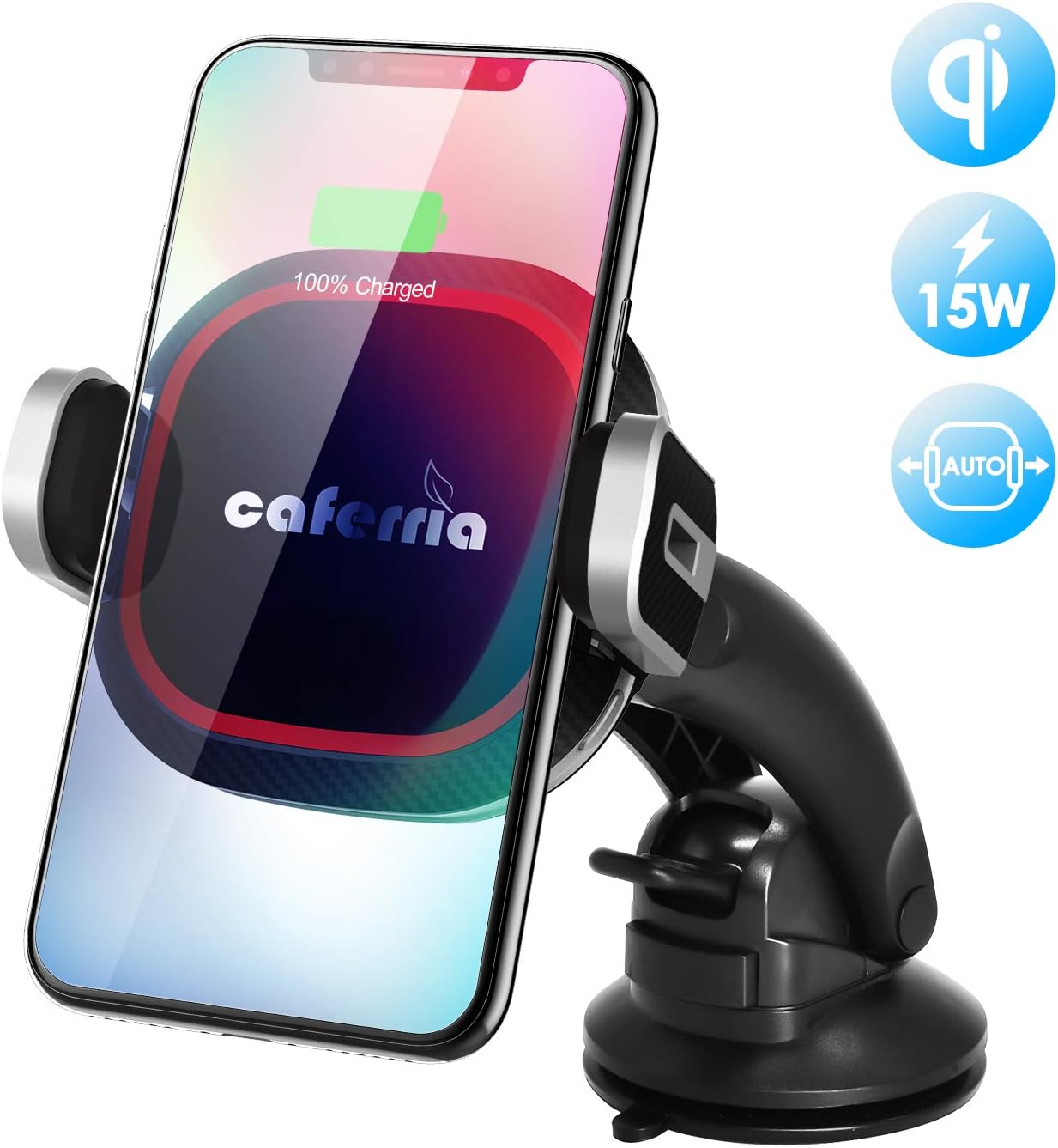 Wireless Car Charger Mount 15W Fast Charging Qi Charger with Infrared Auto Clamping Windshield Dashboard Air Vent Phone Holder for iPhone X XR Xs Max 8 Plus Samsung Note 9/8 S9+ S8+ Edge S7