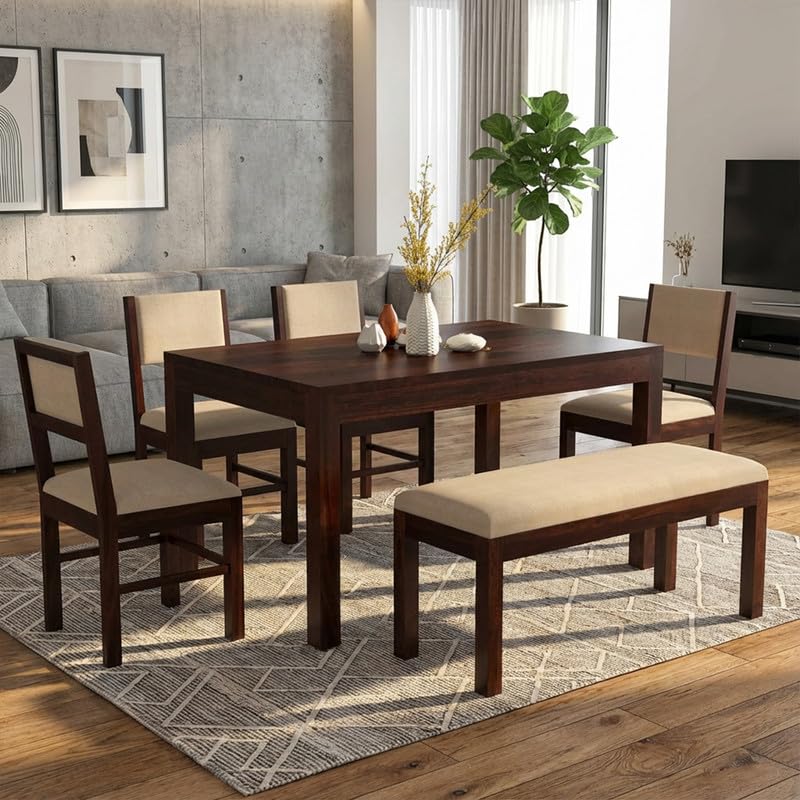 Image of Furniture Solid Sheesham Wood 6 Seater Dining Table Set with 4 Cushions Chairs & 1 Bench | Multipurpose Wooden Six Seater Dinner Table Set for Living Room, Kitchen and Home (Walnut Finish)
