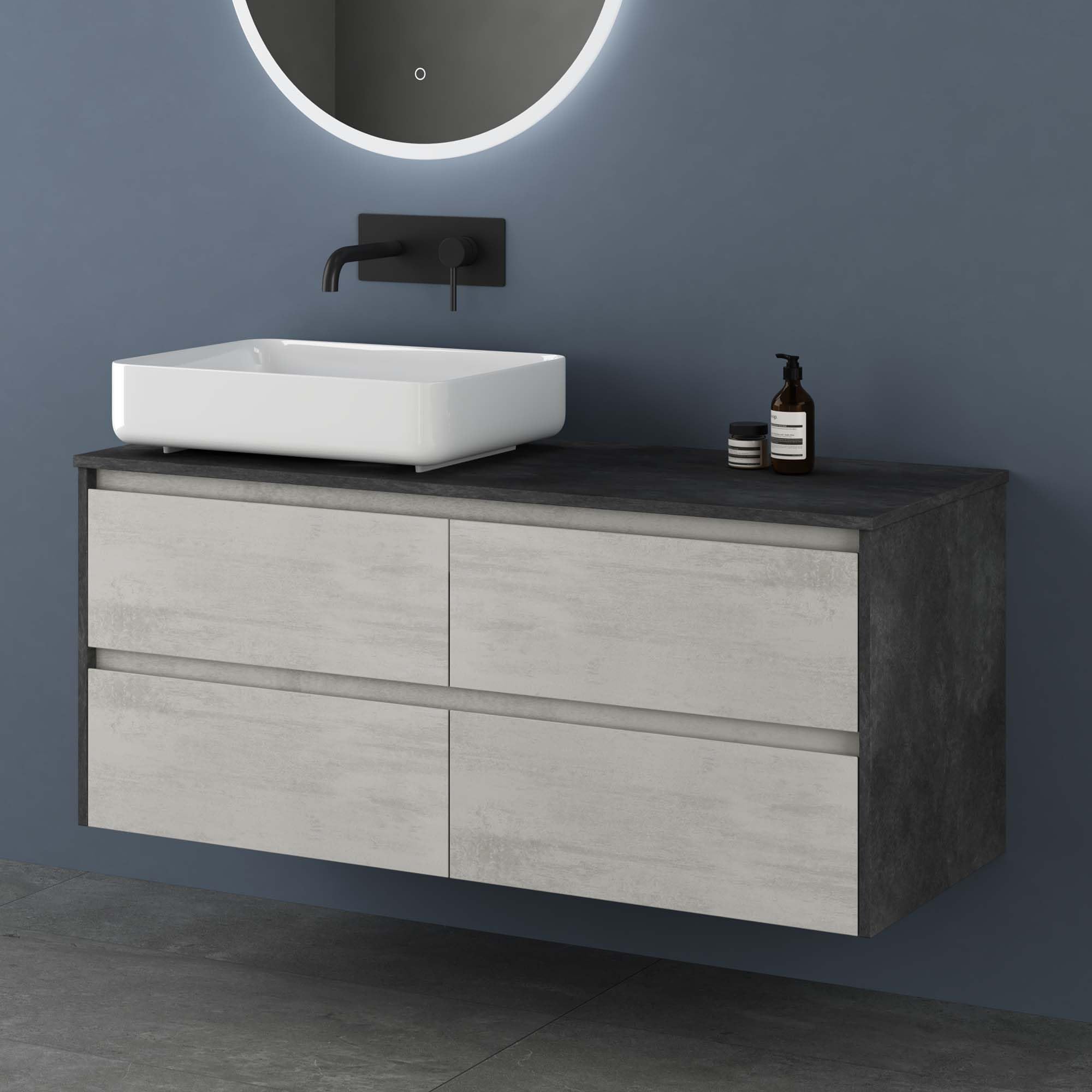 doporro Mobile Bagno Sospeso 120 cm Naturale Chiaro, Mobiletto Sottolavabo con Lavabo da Appoggio in Marmoresina Bianco e 4 Cassetti Soft Close, Mobili Arredo Bagno Spazioso Normal