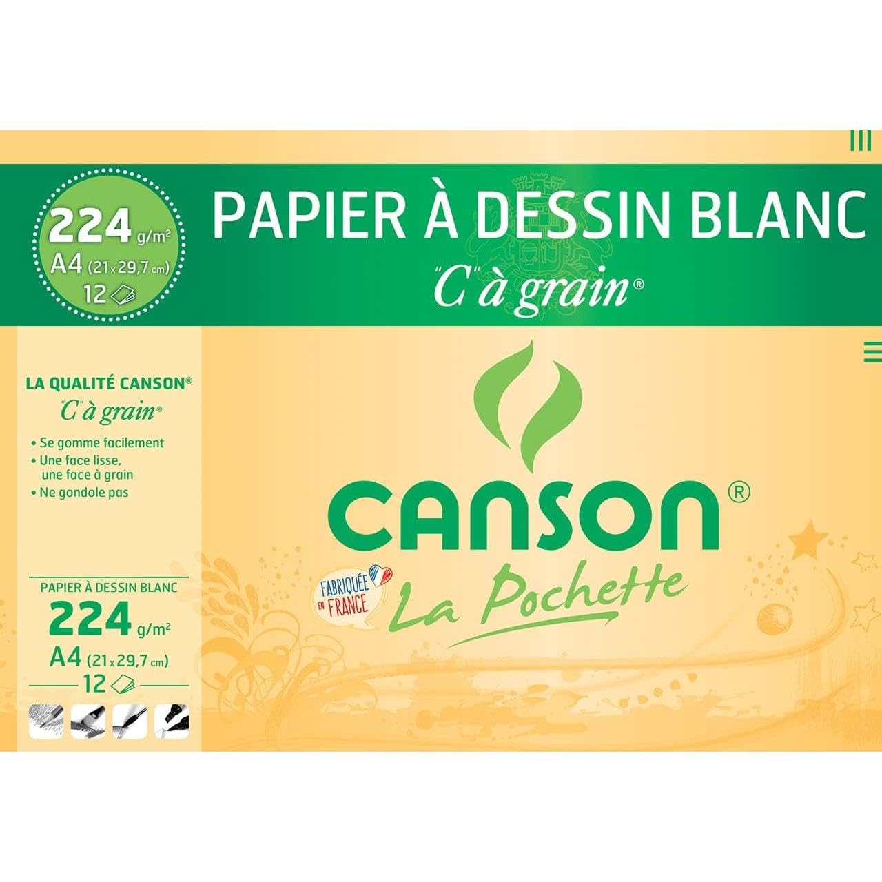 Canson 200027114 C Grained Paper Pouch 12 Sheets 21 x 29.7 cm 224 g Pack of 10