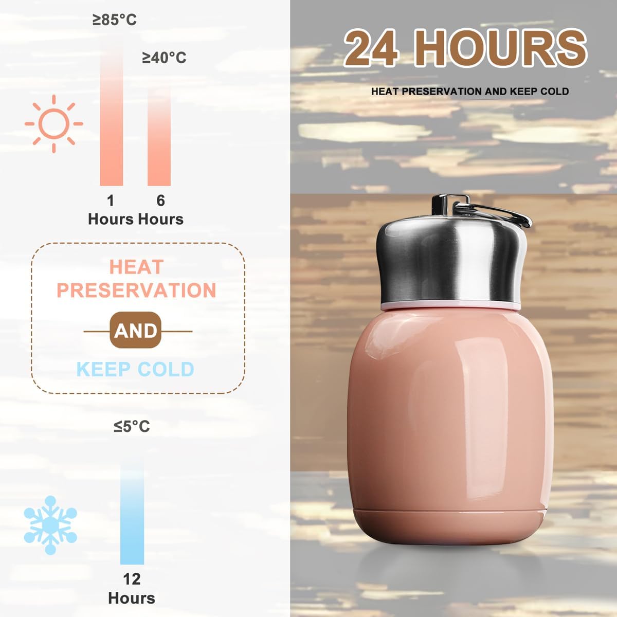 Mini 7 oz Stainless Steel Water Bottle, Small Vacuum Insulated Water Bottle Leak Proof Sport Tumbler Cup Hot and Cold Water Bottle for Women Girls Kids Gift Milk Tea Lunch (Peach pink) - Image 2