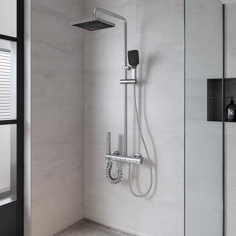 Vetrineinrete® Set colonna doccia termostatica 4 vie soffione grande doccetta rubinetto idroscopino miscelatore con ripiano integrato design moderno grigio scuro