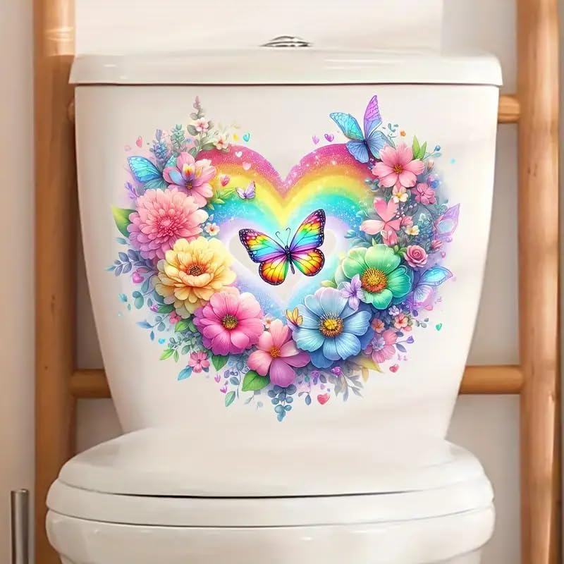 Heart Flower Bouquet Design Toilet Cover Sticker Decals,Fish Bird Flower Leaf Waterproof Toilet Lid Tank Seat Decals Cistern Self-Adhesive Bathroom Wall Sticker