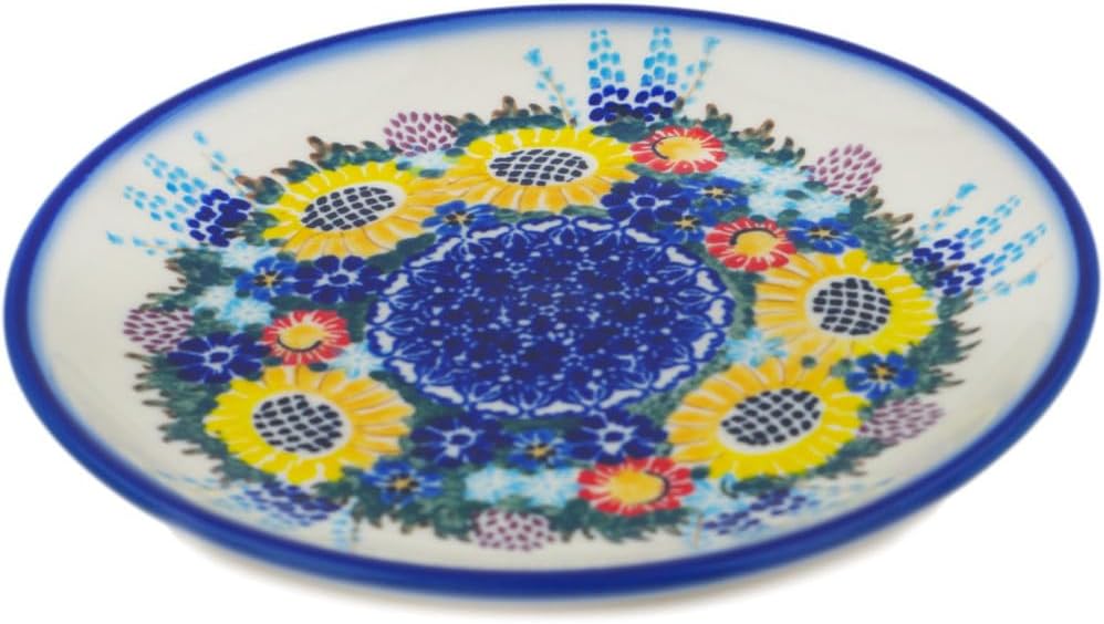 Polmedia Polish Pottery Dessert Plate UNIKAT - Sunflower Pattern Handmade in Boleslawiec Poland by Ceramika Dalia + Certificate of Authenticity