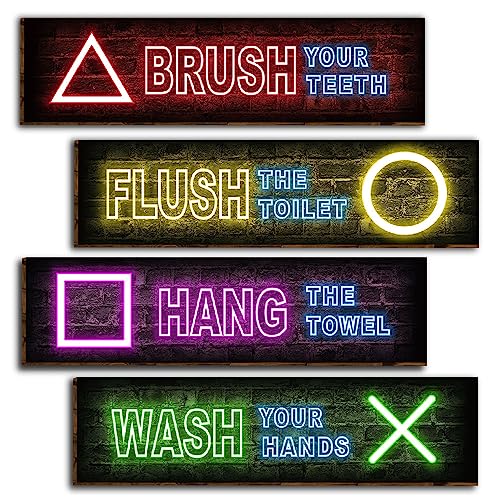 Vagafilla 4 Pieces Neon Gaming Bathroom Wall Decor Signs Funny Bathroom Rules Wood Hanging Sign Toilet Restroom Wall Decor Signs for Boys Wash Brush Flush Floss Wall Art-2