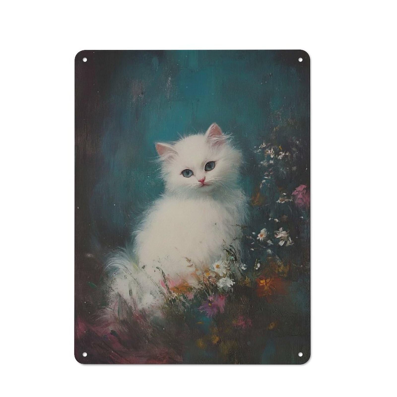 Junmoney White Kitten In Flowers Tin Wall Plaque 40X30cm With For Garage Or Workshop, For Vintage Wall Decor Fans, For Kitchen And Home Bar Decor