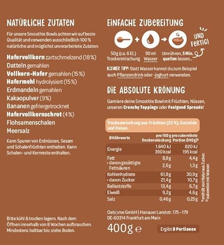 OATSOME® Choco Crush | Smoothie Bowl Mit Mildem Kakao & Cremigem Hafer | 100% Natürlich, Vegan & Ohne Zuckerzusatz + Zusatzstoffe | Einfache Zubereitung | Frühstück & Snack | Gefriertrocknung | 400g…