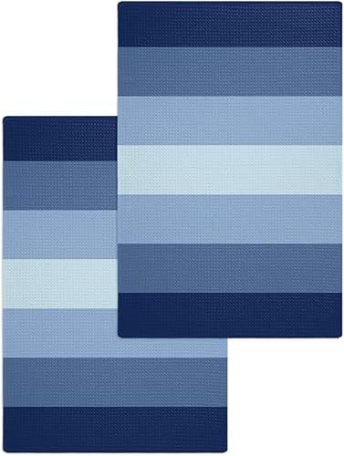 Kitchen Towel 2 Packs Cotton Waffle Weave, Navy Blue Ombre Striped 16 x 24 Inch Absorbent Quick Drying Dish Towels Clothes for Kitchen Living Room