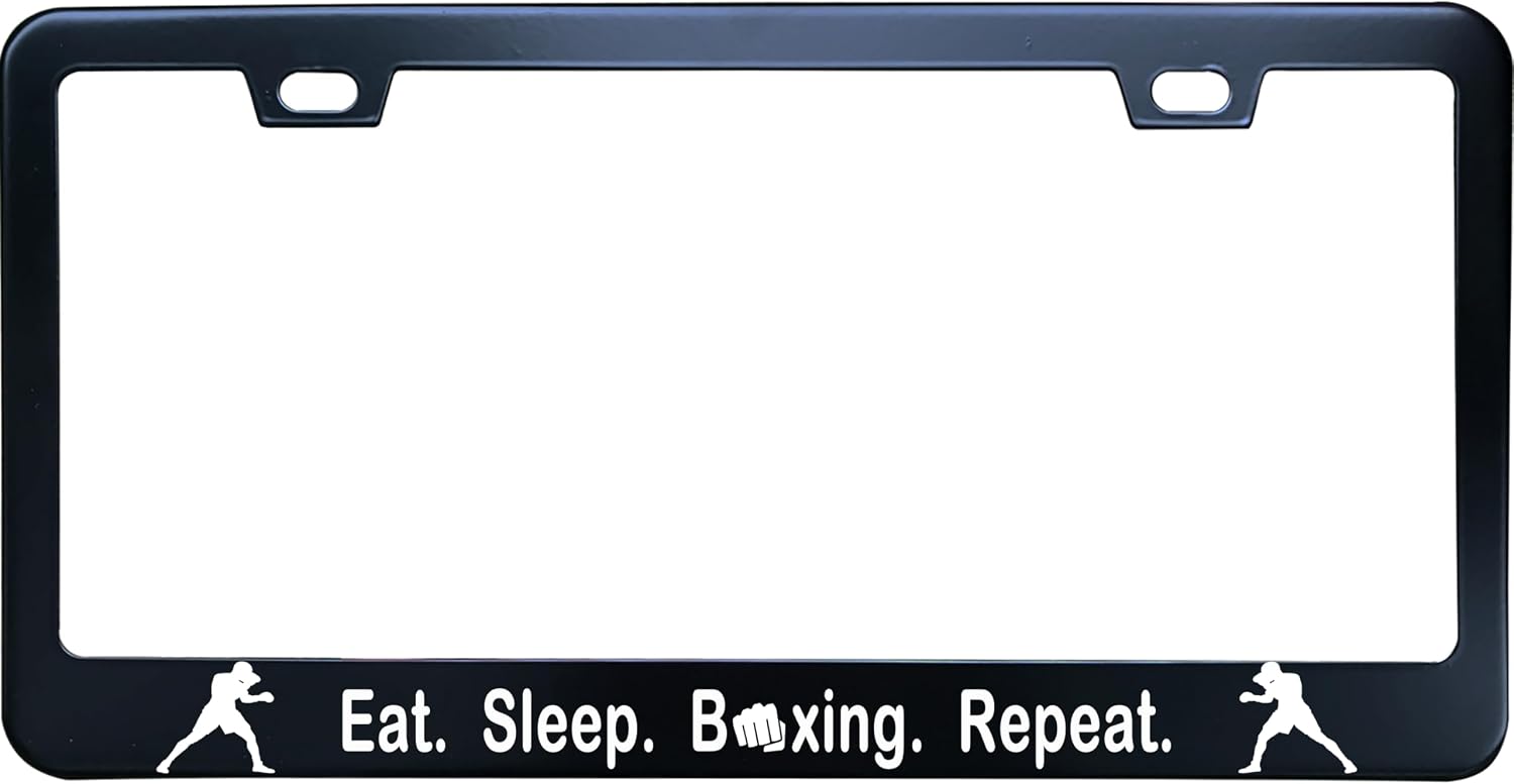 Eat Sleep Boxing Repeat License Plate Frame - 12" x 6" Novelty Tag Black Stainless Steel Car License Plate Frame Holder for US/CA Vehicles 2 Holes and Screws