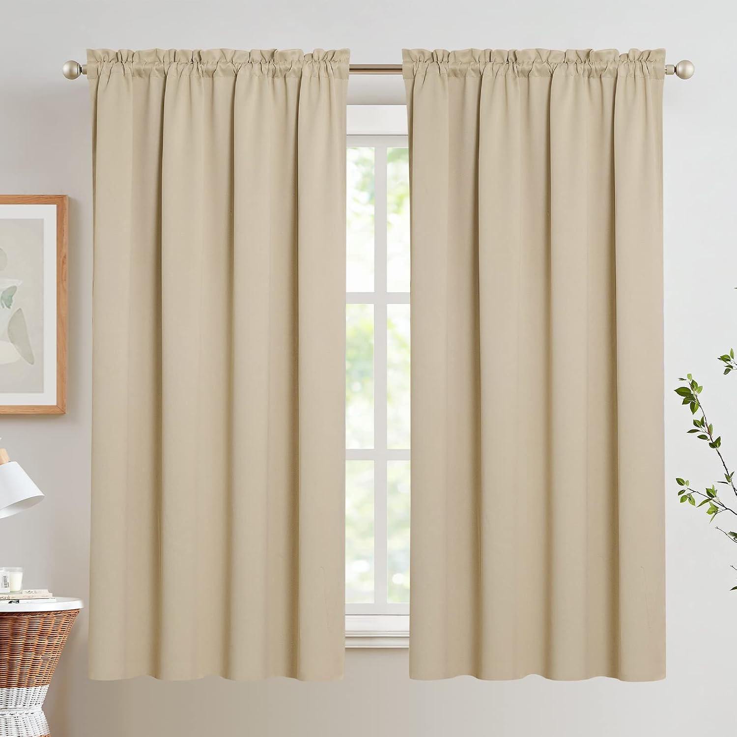 Vangao Beige French Door Curtains Set of 2 Panels Short Curtains for Small Window Rod Pocket Curtains for Front Door with Tieback W54 x L40