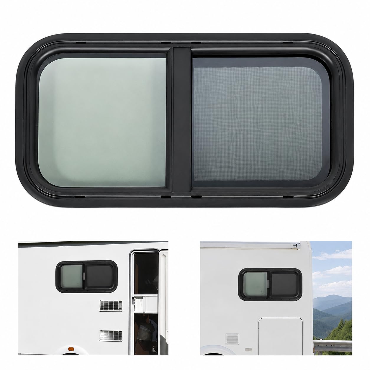 Wohnwagenfenster 600x300mm, Horizontal Camper Schiebefenster | Aluminiumrahmen, 25 % Lichtdurchlässigkeit, mit Fliegengitter, Universelles für Wohnmobil, Van, Kastenwagen, Caravan