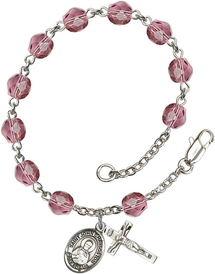 Februay Birth Month Bead Rosary Bracelet with Patron Saint Petite Charm, 7 1/2 Inch