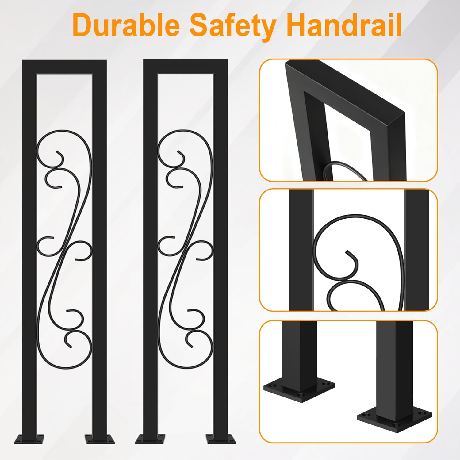 2Pcs Black U-Shaped Stairs Handrail, Shaped Stair Handrail with S Scroll, Wrought Iron Outdoor Stair Railing for Porches, Decks, Fences(Tall:3.1ft/95cm)