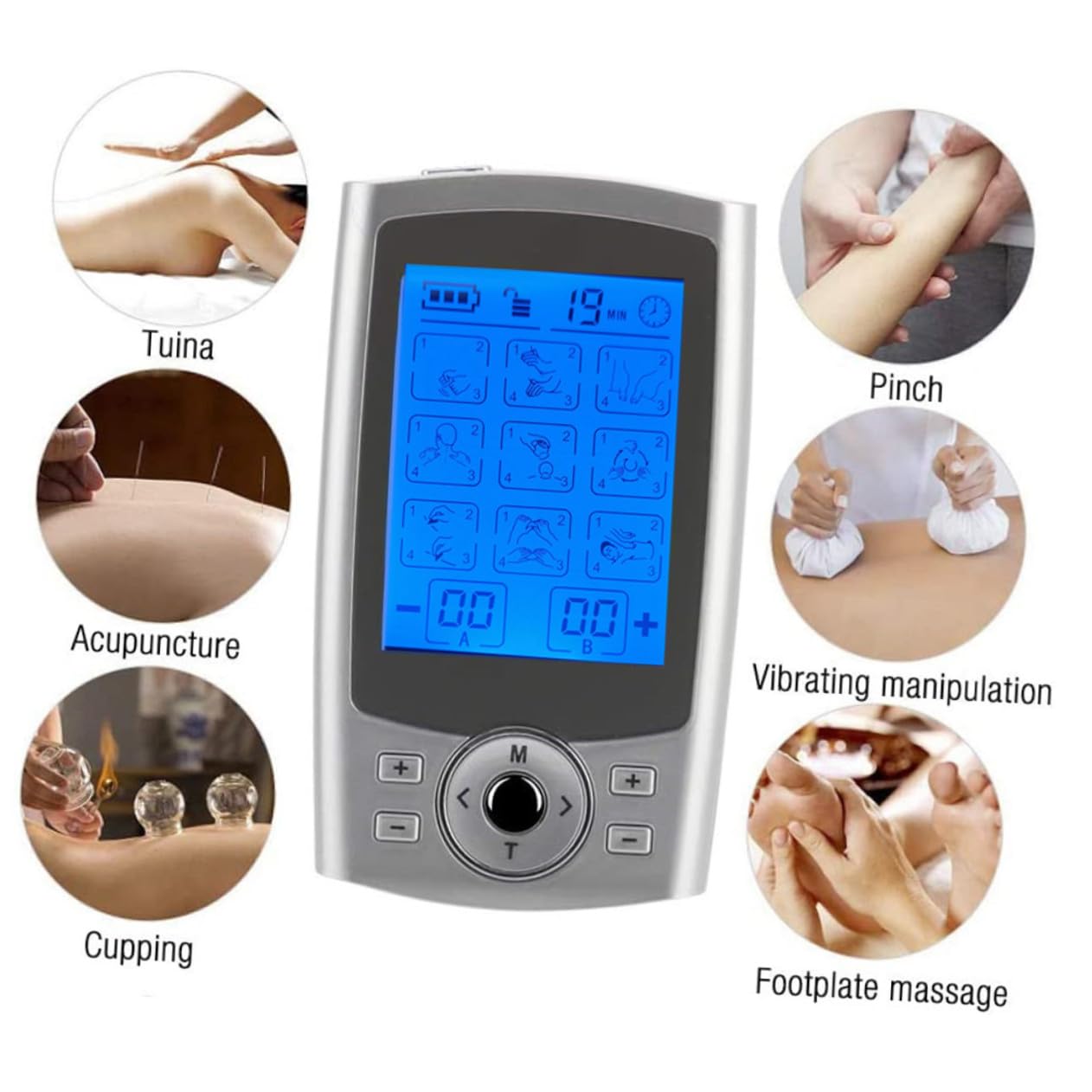 Yardwe Dispositivo de Electromasaje, Máquina de Masaje Muscular con 36 Funciones y 8 Parches de Masaje, Color Plata