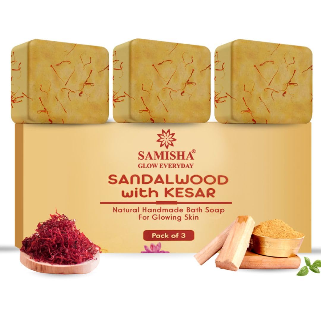Samisha Sandalwood Soap – Handmade Soap with Saffron & Sandalwood for Men & Women, Organic Soap for Gentle Cleansing & Hydration, Hand Made Soaps for Bath, Natural Bath Soap for Soft & Nourished Skin