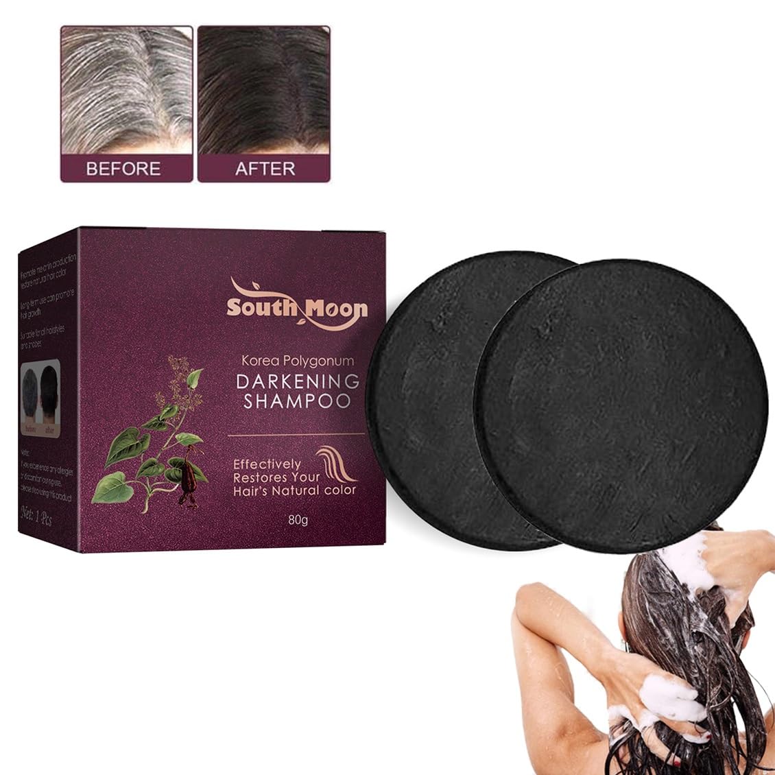 Prfect Men's 2Pcs East Moon Black Soap,East Moon Black Soap Grey,East Moon Bar Soap,East Moon Black Soap Grey Coverage Shampoo (Color : )