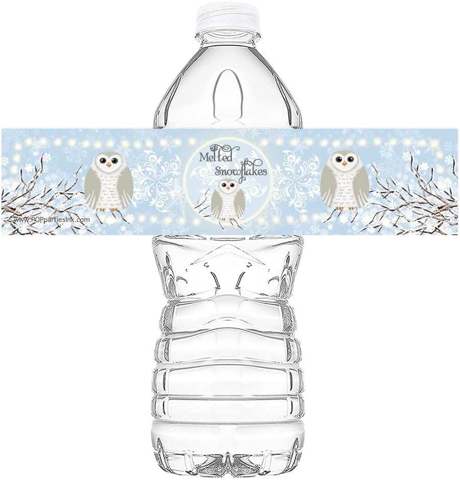 Snowy Owl Party Bottle Labels - 20 Winter Onederland Water Bottle Labels - Winter First Birthday Party Decorations - Owl Shower Party Supplies - Winter Shower Party Decorations- Blue Bottle