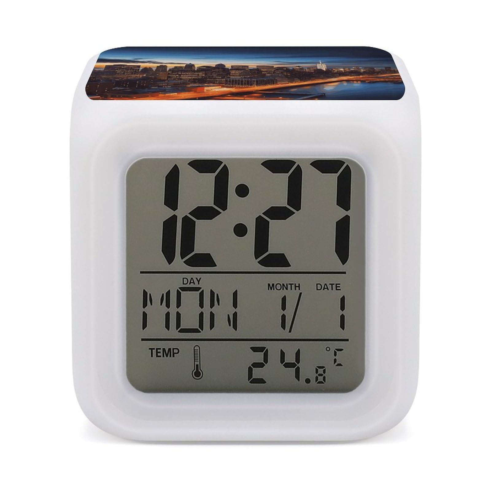 DWVTSLH New York City Scenery Alarm Clock with 7 Color Changing Night Light, Wake Up Digital Clock for Bedroom, Bedside Cube Clock with Date, Temperature, Battery Operated Desk Clock Gift