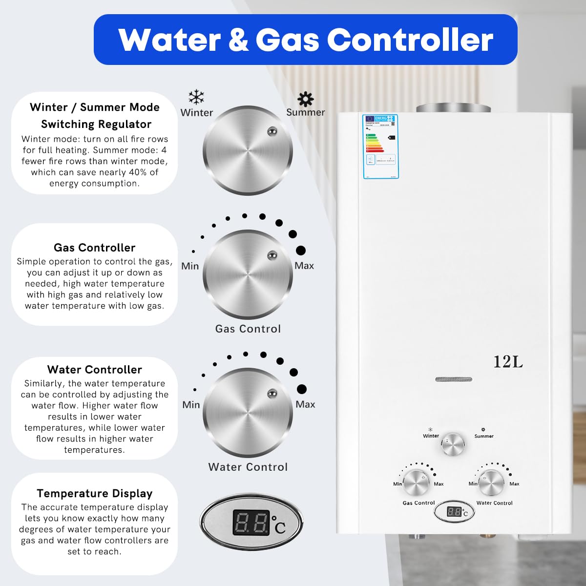 Xverycan Calentador de agua de gas de 12 litros, 24 kW, GLP, propano butano, sin tanque, para uso doméstico, camping, caravanas, cabinas al aire libre, graneros