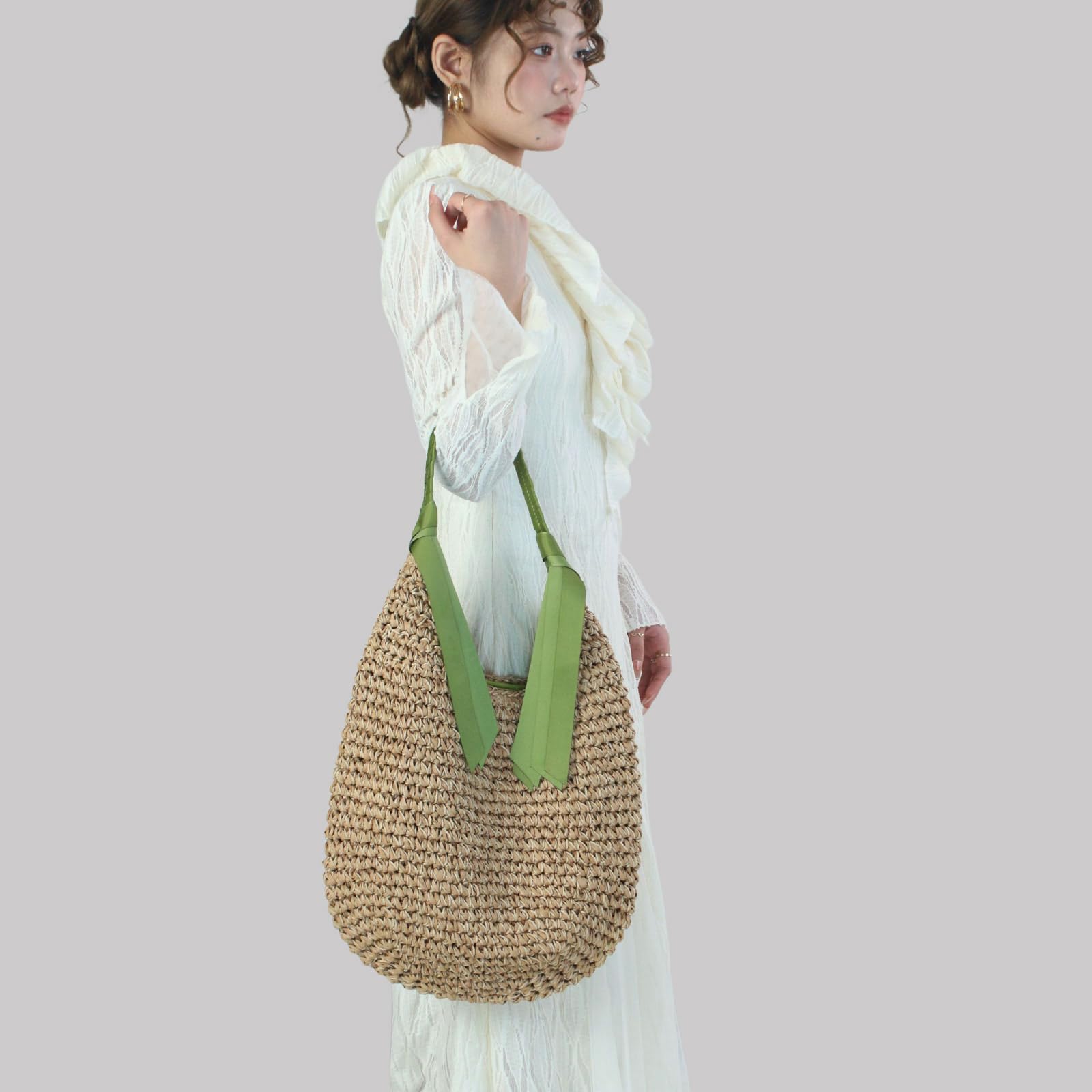 Sac de Plage en Paille pour Femme, Grand Cabas Tressé d'Été Sac à Main Épaule, Sac Hobo en Rotin avec Ruban de Soie