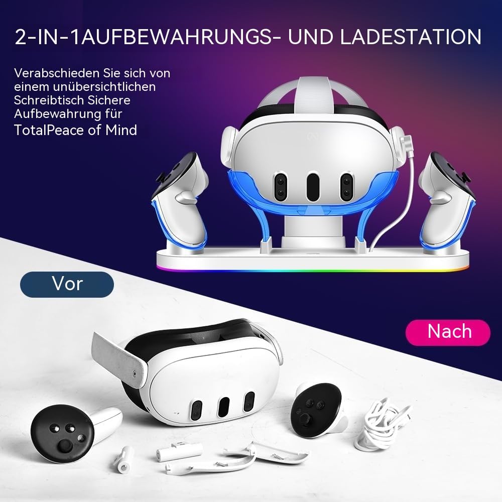 Ladebasis für Meta Quest 3/3S, 18W Schnellladegerät mit 2 wiederaufladbaren Akkus, 8 LED-Beleuchtungsmodi, USB-C Ladezubehör, Kompatibel mit Elite-Kopfgurt und Akkugurt