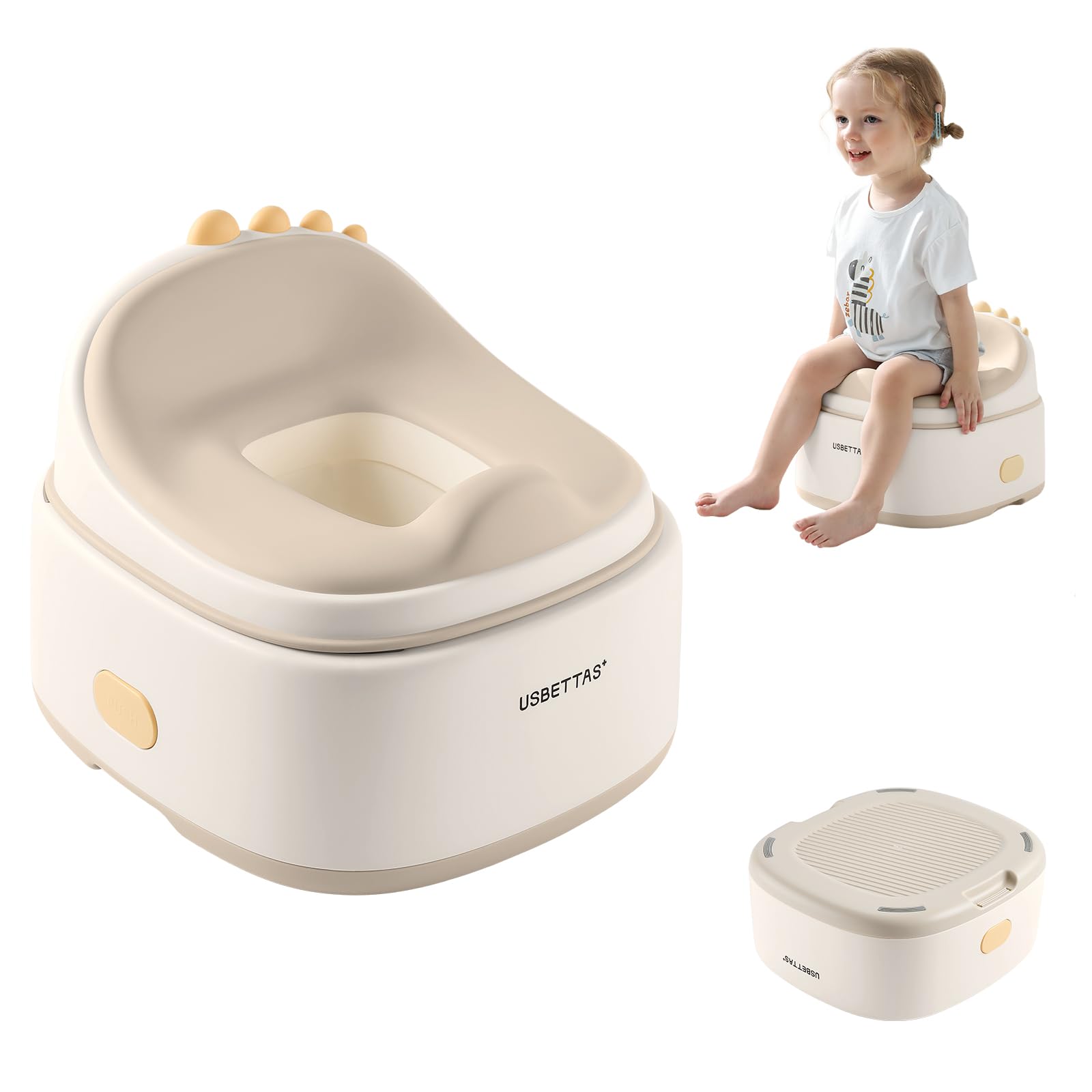 Usbettas - Inodoro 3 en 1 para entrenamiento de orinal, diseño de dinosaurio, para niños y niñas, con cómodo cojín, fácil de limpiar y antideslizante, color beige