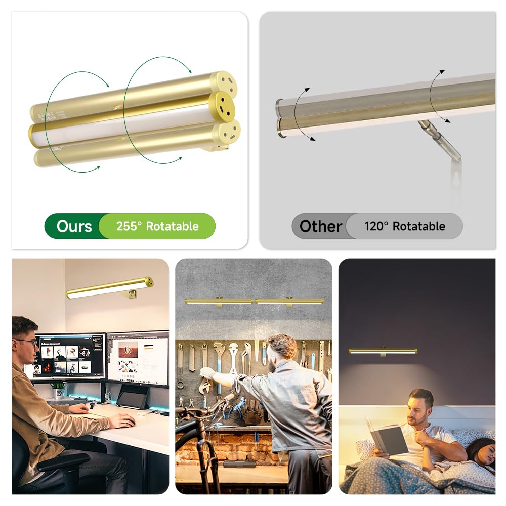 CHENBEN Lámparas de pared inalámbricas con mando a distancia,225° ajustable,4000mAh con batería,regulable/temporizador,17.12inch Lámparas de aluminio para cuadros/marcos/pósters,dorado
