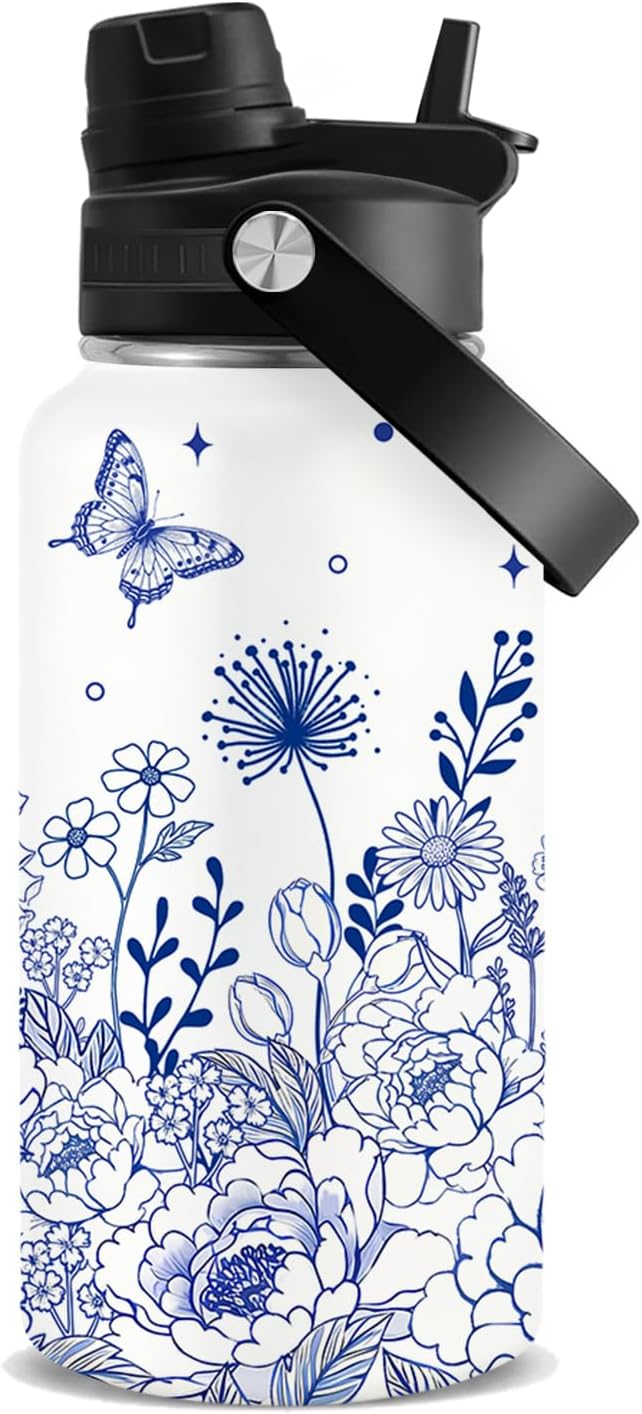 Blue Flower 26oz Water Bottle Gift for Women, Stainless Steel Insulated Tumbler with Handle & 2-in-1 Lid, Coffee Mug Insulated Travel Cup for Sports Birthday Gifts for Her Wife