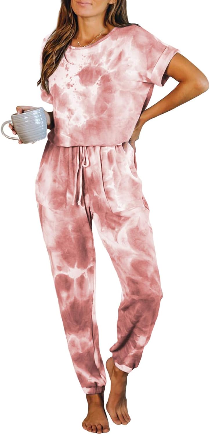 LookbookStore Women's Cozy Tie Dye Printed Knit Loungewear Two Piece Sweatsuits Long Joggers Pajamas Set