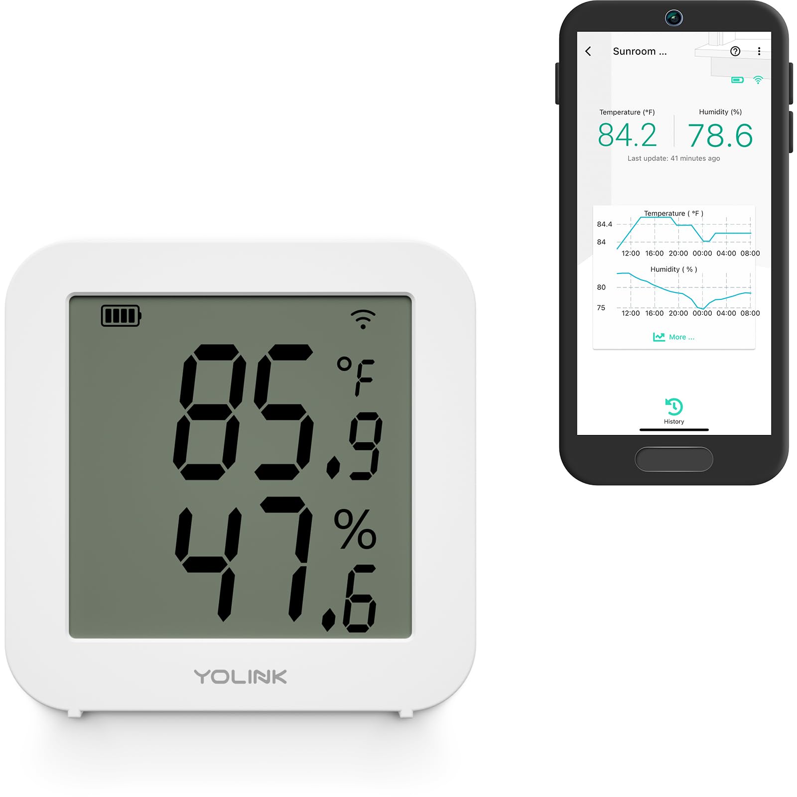 YoLink Indoor Hygrometer Thermometer, 2-Year Data Storage Export, Data loger, LoRa Tech, App Push, Email, SMS, Hub Required