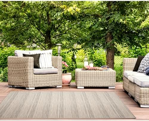 Liora Manne Miranda Indoor/Outdoor Power Loomed Synthetic Blend Low Profile Area Rug - Transitional Stripe Casual Multicolor (Tweed Stripe Silver/Brown) (4'10" x 7'6")